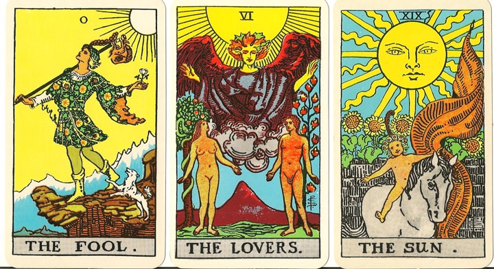 Note the reddish tint in the Lovers card